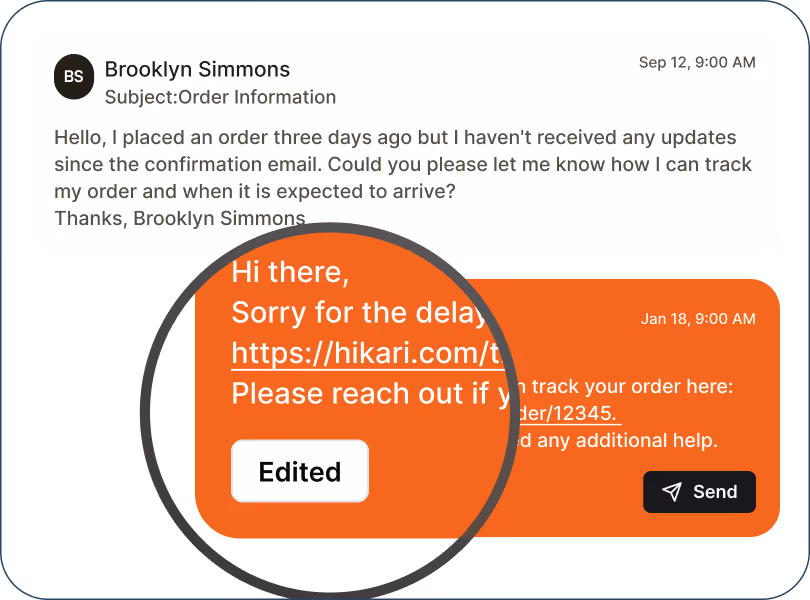 Screenshot of a customer email asking about order status and a support reply with tracking link.
