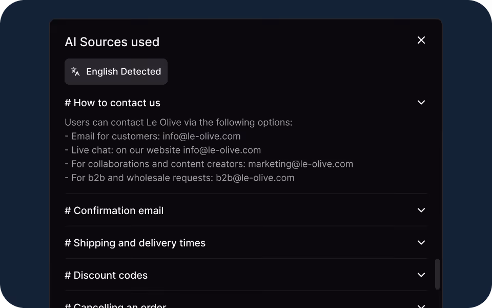 Screen showing AI sources used with contact emails for Le Olive customers, marketing, and wholesale requests.