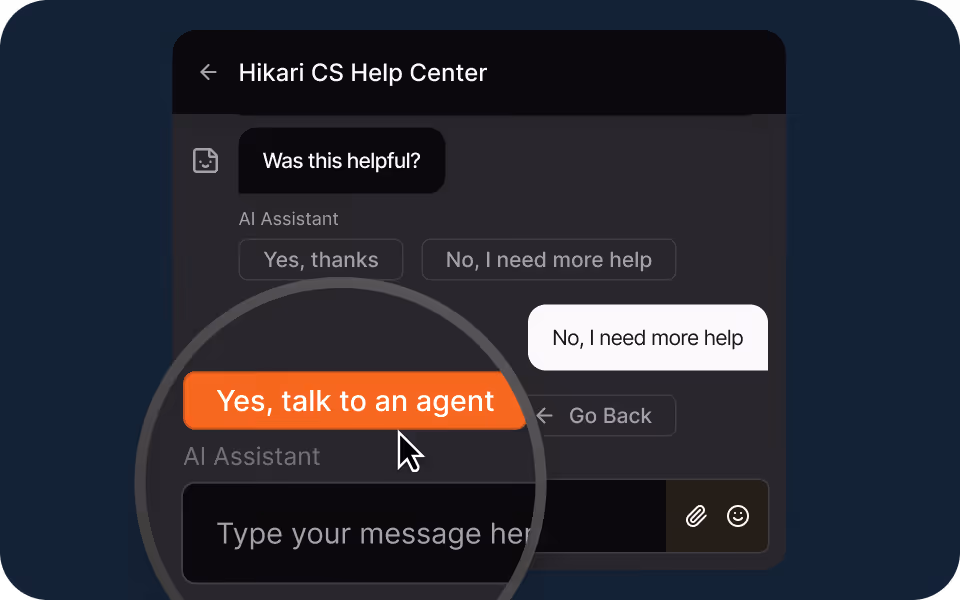 Chat interface of Hikari CS Help Center showing option to talk to an agent and message input box.
