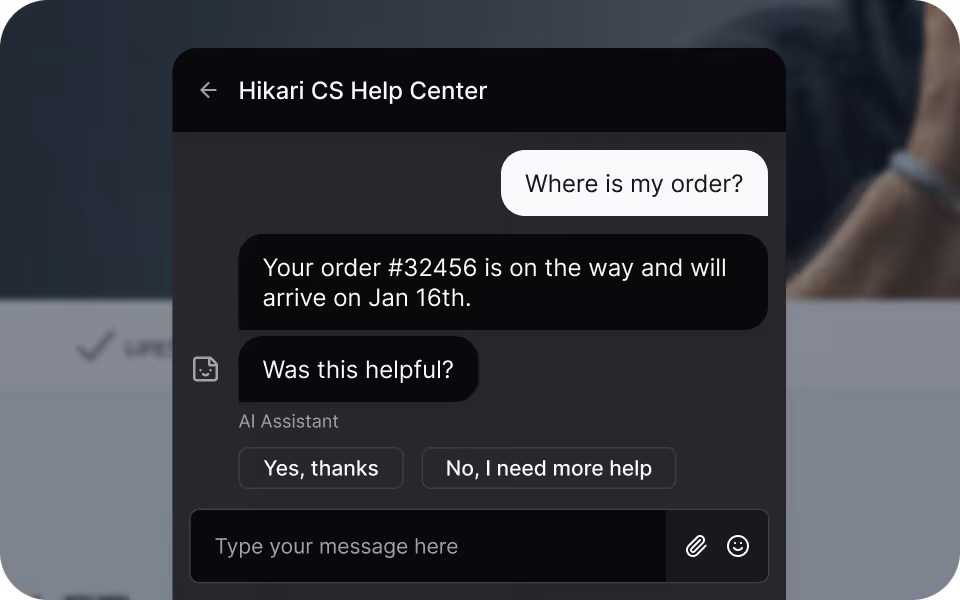 Chat interface with Hikari CS Help Center showing order status and feedback options.