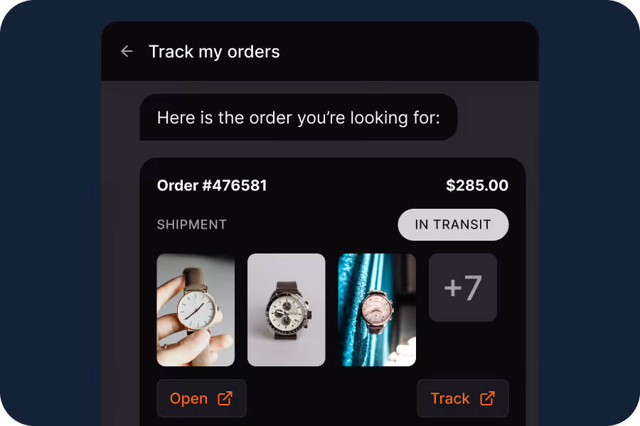 Order tracking screen showing order #476581 with three watches, status in transit, and total $285.