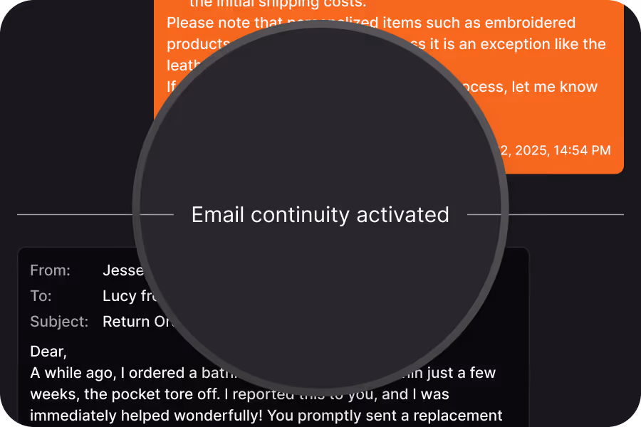 Magnifying glass highlighting text 'Email continuity activated' over email conversation on dark background.