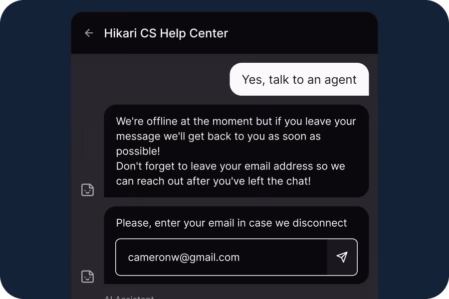 Chat window from Hikari CS Help Center shows offline message and email input for follow-up.
