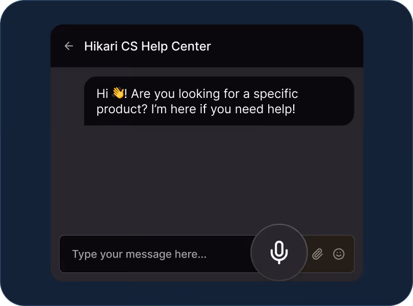 Chat screen from Hikari CS Help Center asking if user needs help finding a specific product.