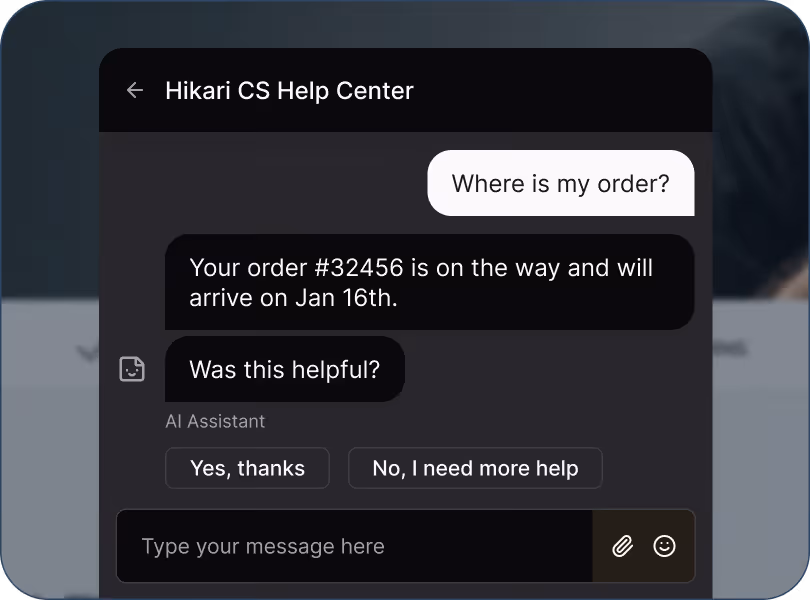 Chat window showing order status reply: order #32456 arrives Jan 16. Options to say yes or request more help.