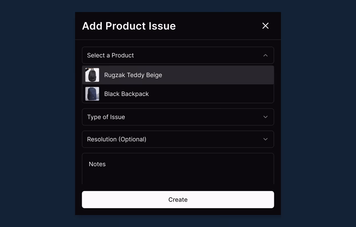 Form titled Add Product Issue with dropdowns for product selection and issue type, notes, and a Create button.