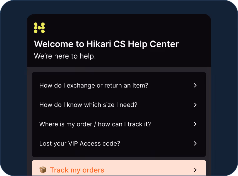 Help center screen with options: exchange item, find size, track order, or recover VIP code.