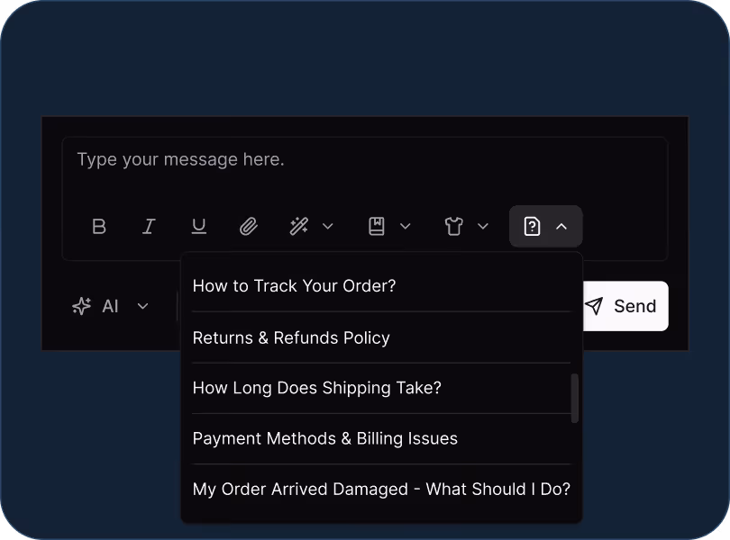 Chat interface with message box, text formatting icons, help dropdown, and Send button.