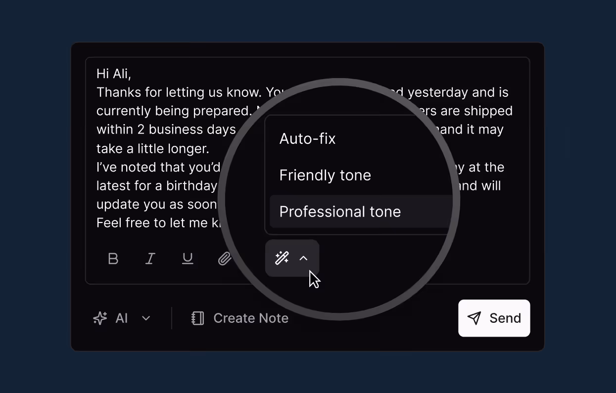 Email draft with text editing options including Auto-fix, Friendly tone, and Professional tone selected.