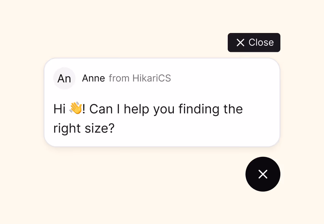 Chat message from Anne of HikariCS asking if help is needed finding the right size, with close buttons.