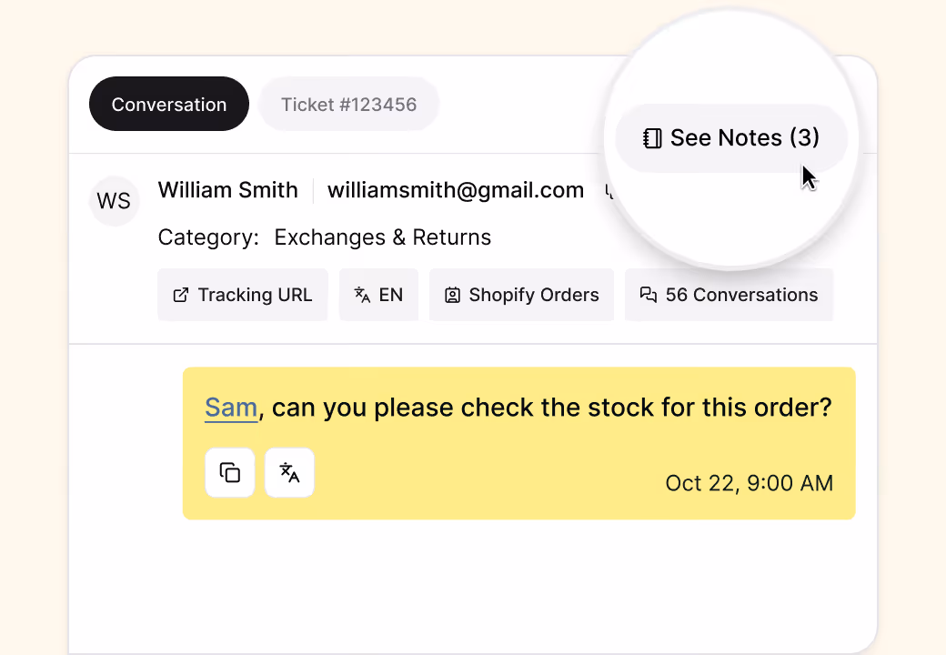Customer support message from William Smith requesting stock check for an order, dated Oct 22, 9:00 AM.