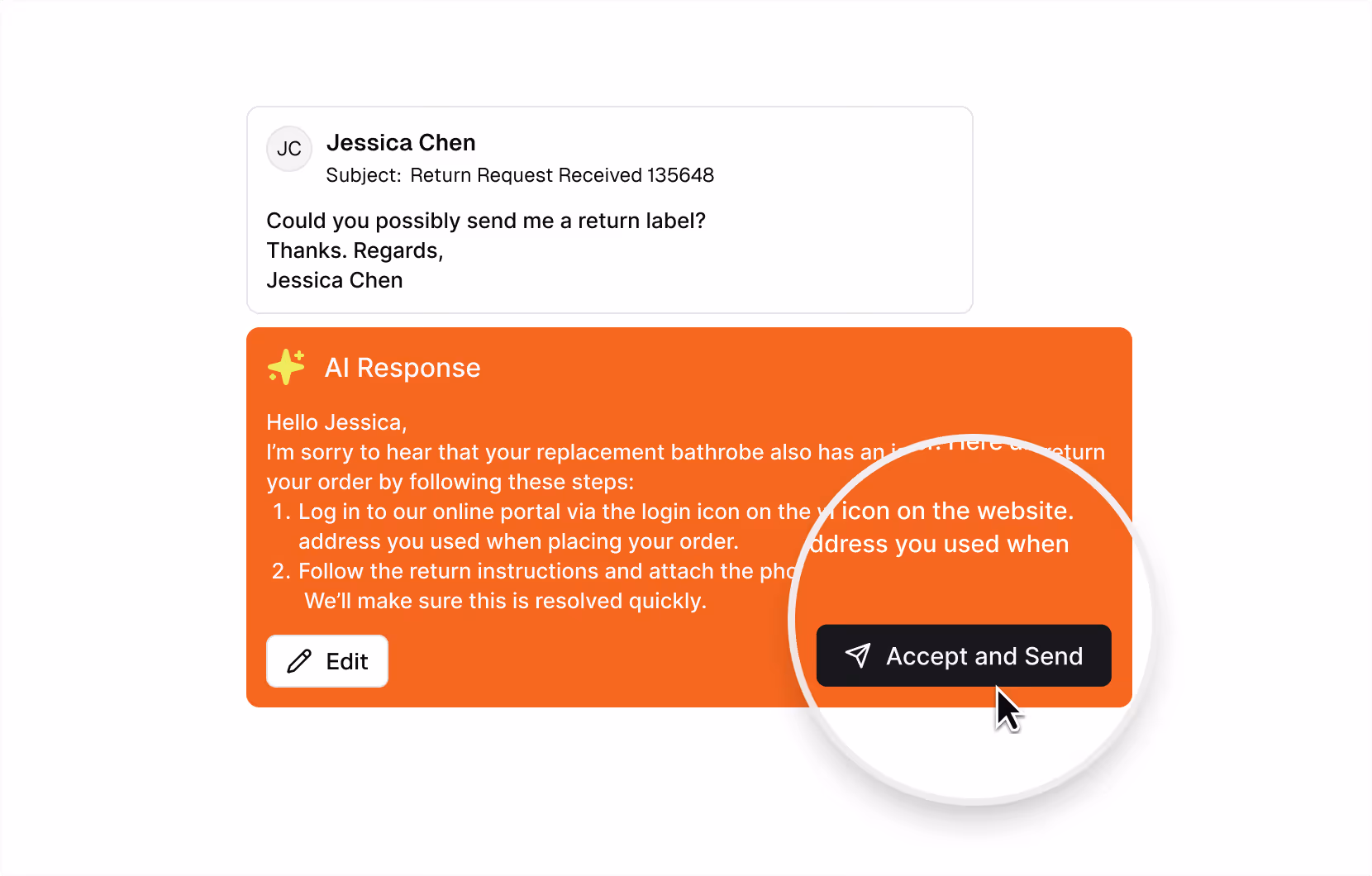 Customer asks for a return label; AI response provides return steps with an Accept and Send button.