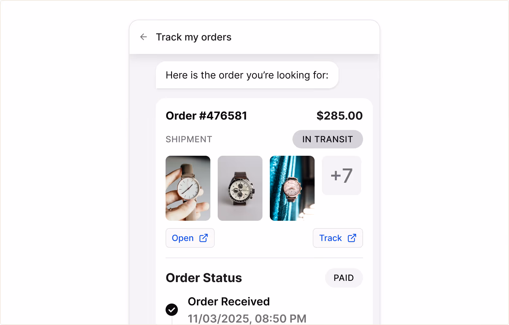 Order tracking page showing order #476581 for $285.00 with watches shipment in transit and status paid.
