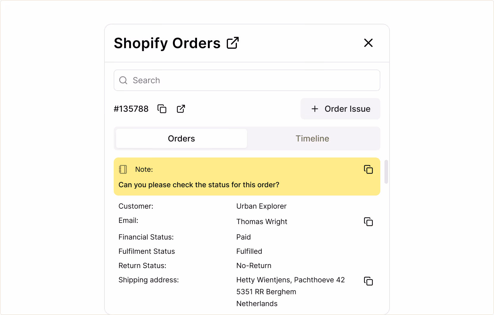Shopify order detail showing customer Urban Explorer with paid, fulfilled status and shipping address in Netherlands.