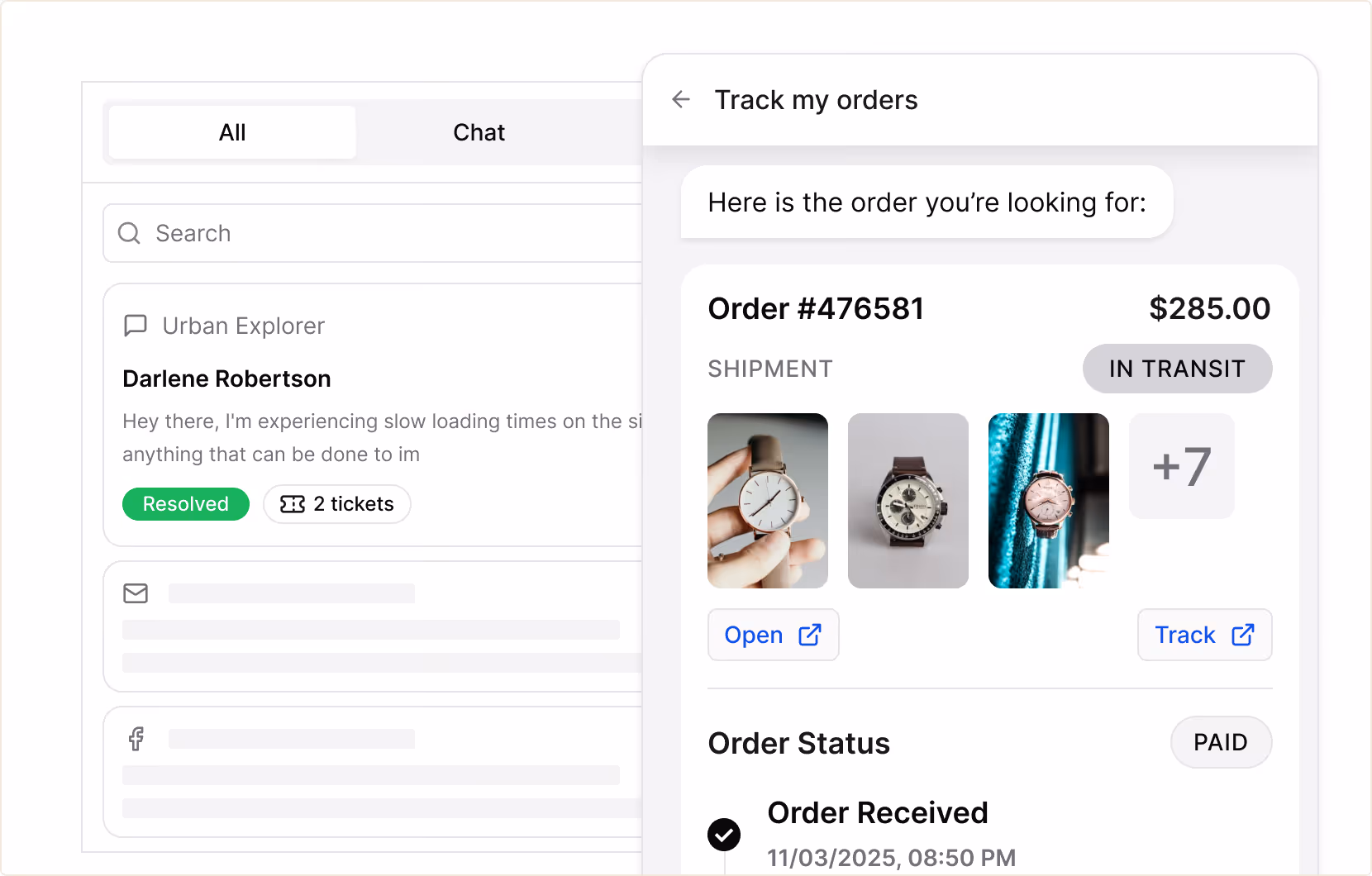 Order tracking interface showing order #476581 status, cost $285, and images of shipped watches.