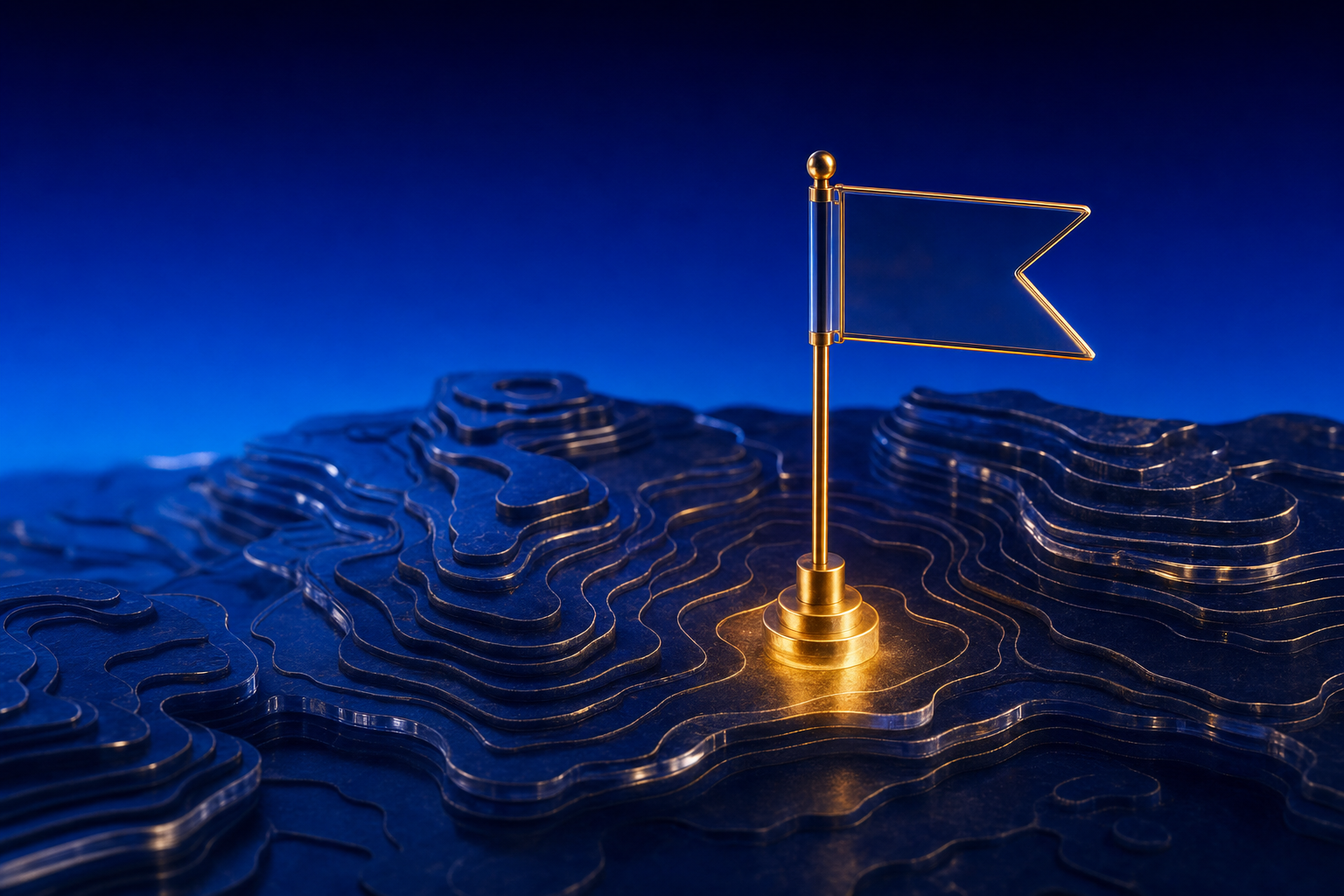 Brass flag planted on an unmarked topographic map, representing claiming and defining a market category first
