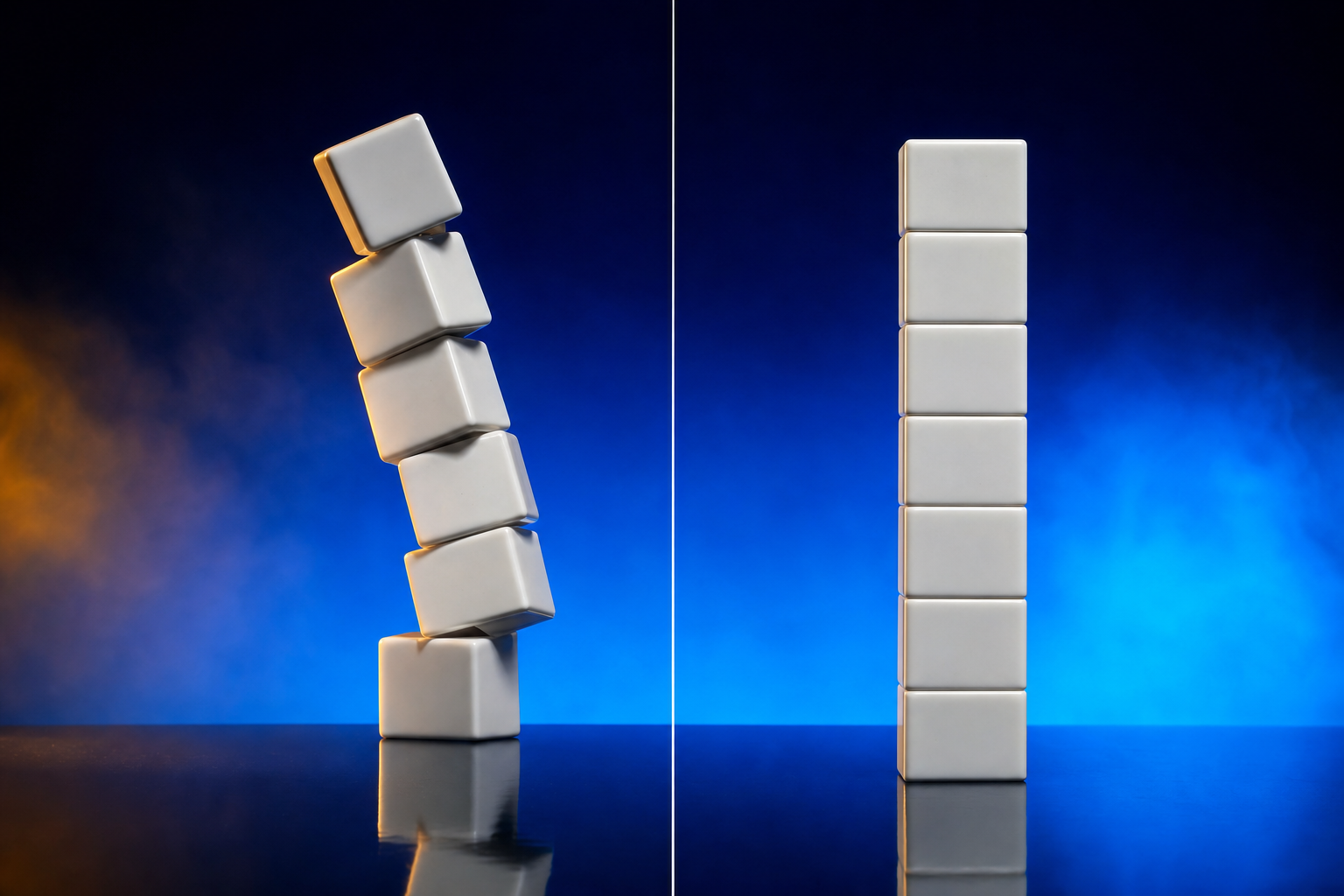 Split frame of a leaning random block tower beside a stable ascending tower, showing why sequence matters in medtech go-to-market