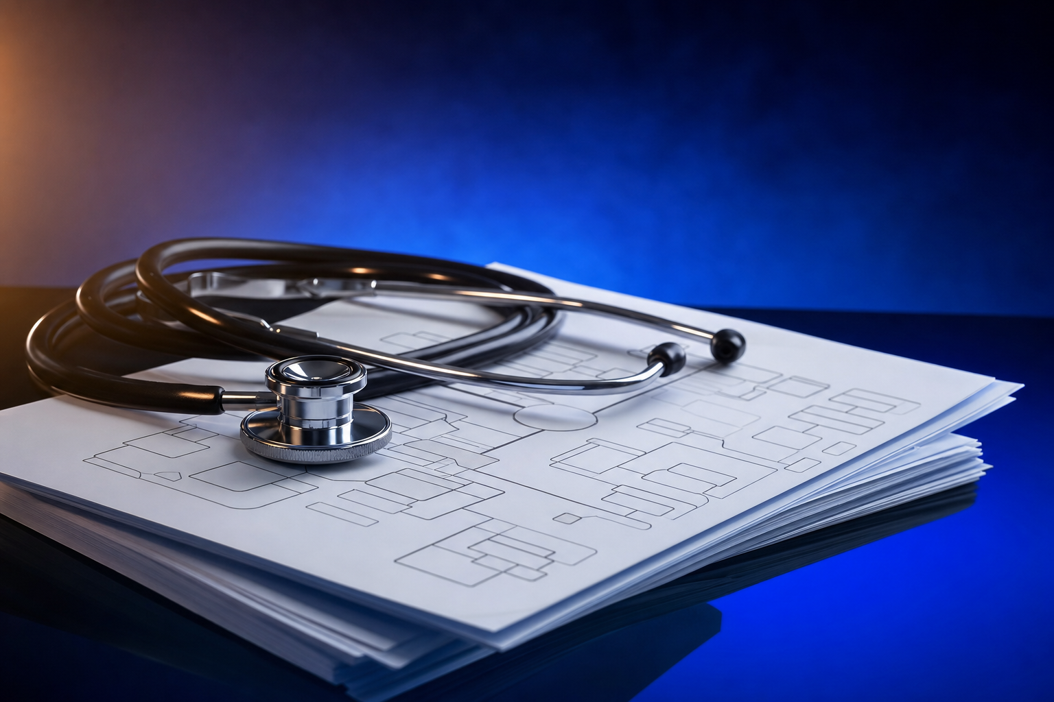 A stethoscope resting on a stack of clean positioning blueprints, signalling category-readiness as a diagnostic step before hiring an agency