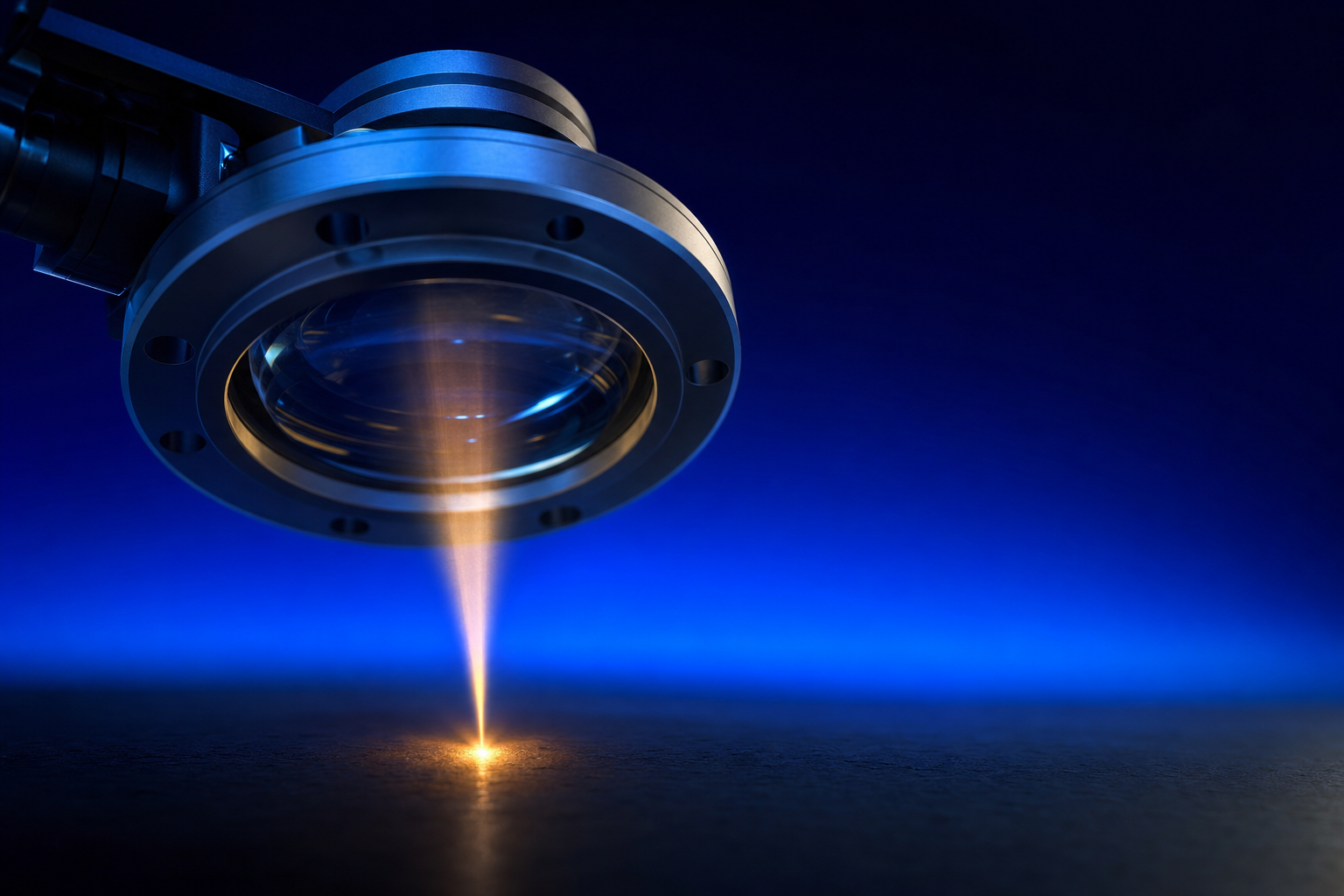 Optical lens concentrating scattered light to a single amber point, representing strategic focus in medtech