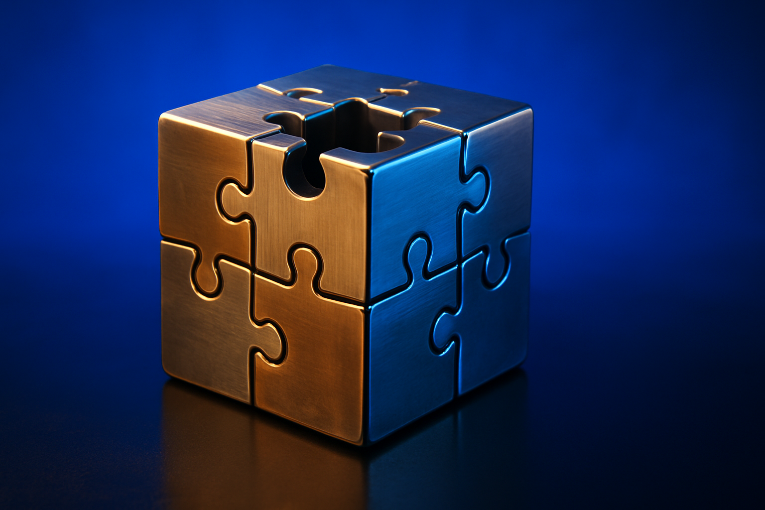Metal puzzle cube with a missing piece showing the six medical device commercialization gaps