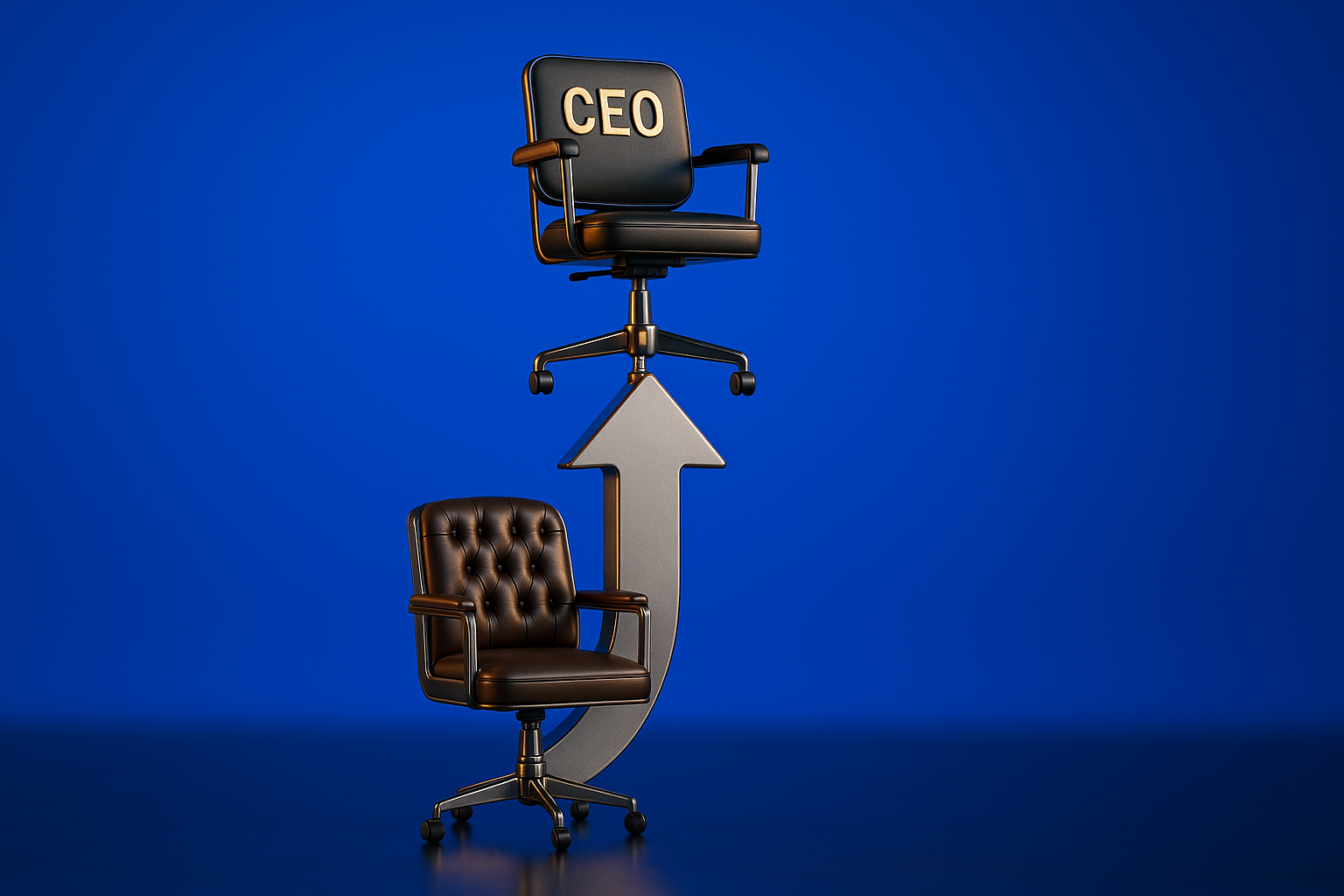 Office chair with an arrow rising to a CEO chair showing the chairman-to-CEO pattern