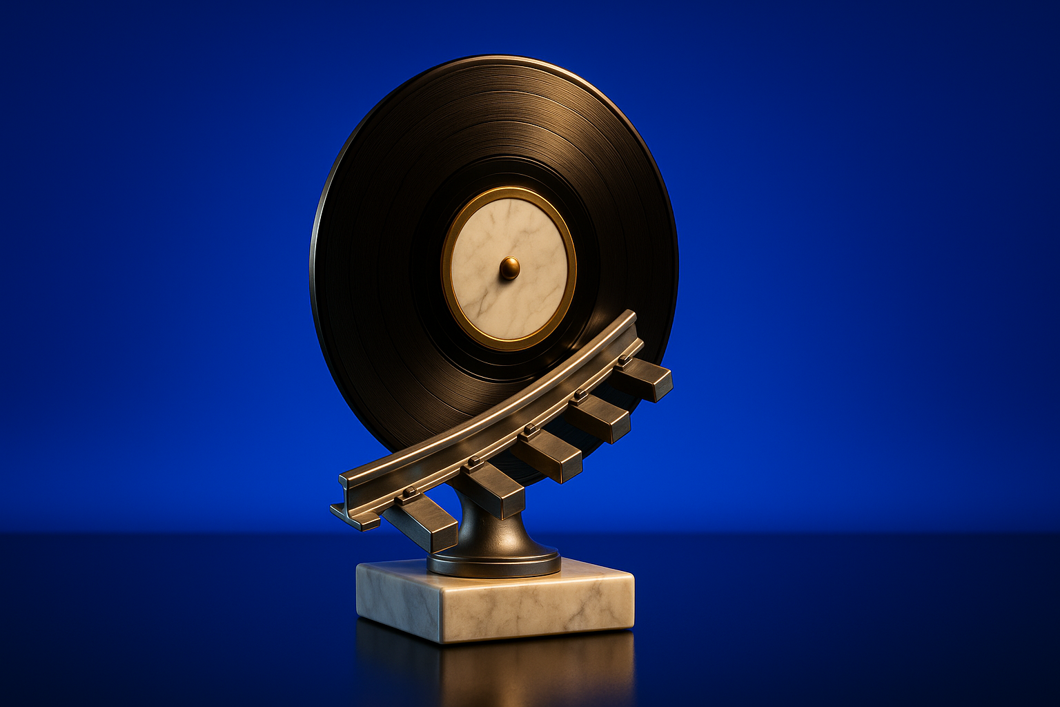 Vinyl record on a train track stand showing Greg Lucier's $40 billion healthcare M&A track record