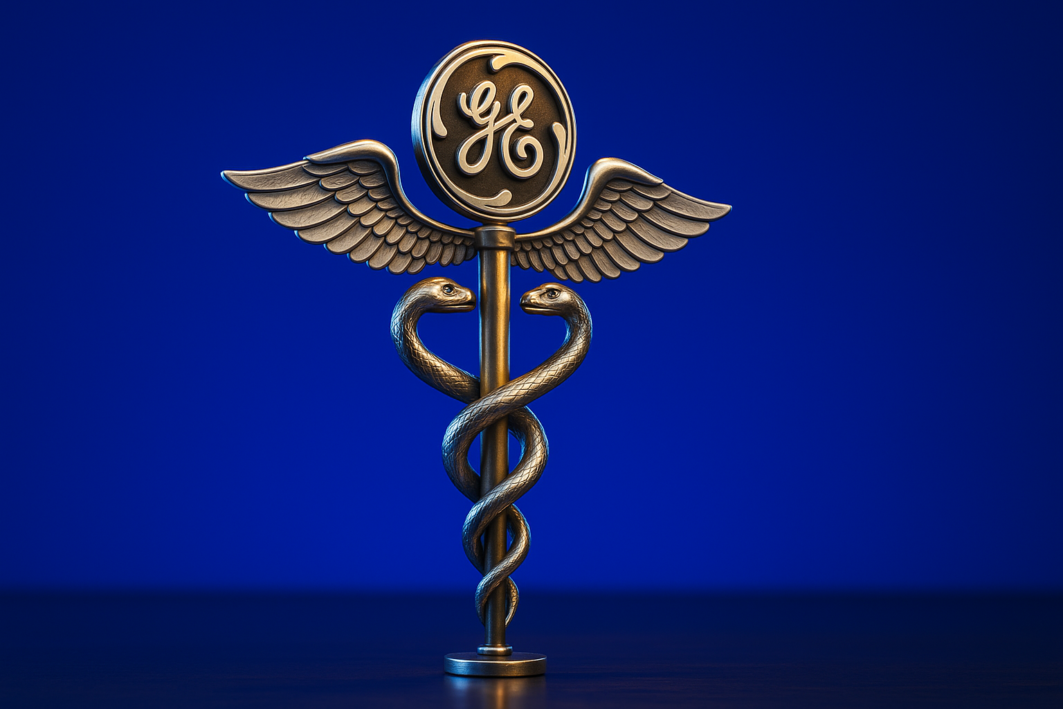 Brass caduceus topped with a GE logo showing Greg Lucier's GE-to-medtech origin
