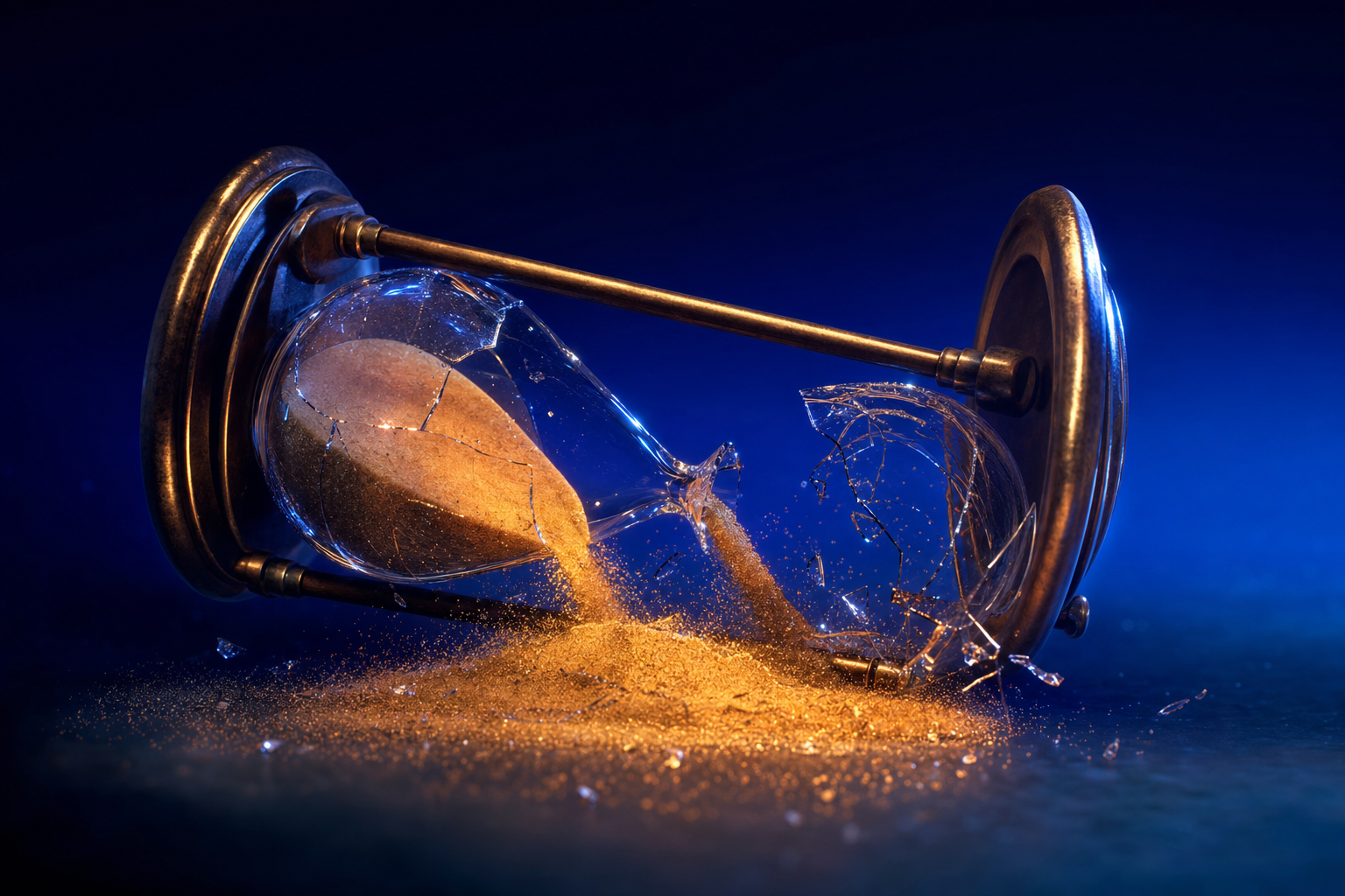 Cracked hourglass on its side spilling sand showing how board meetings lose time before the first slide