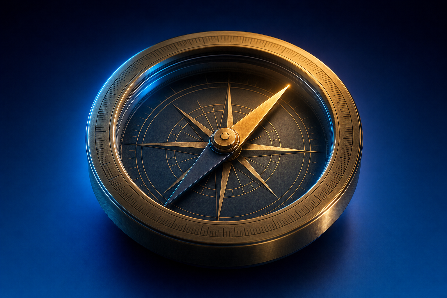 Brass navigational compass with a glowing amber needle showing how boardroom narrative control maps to the market