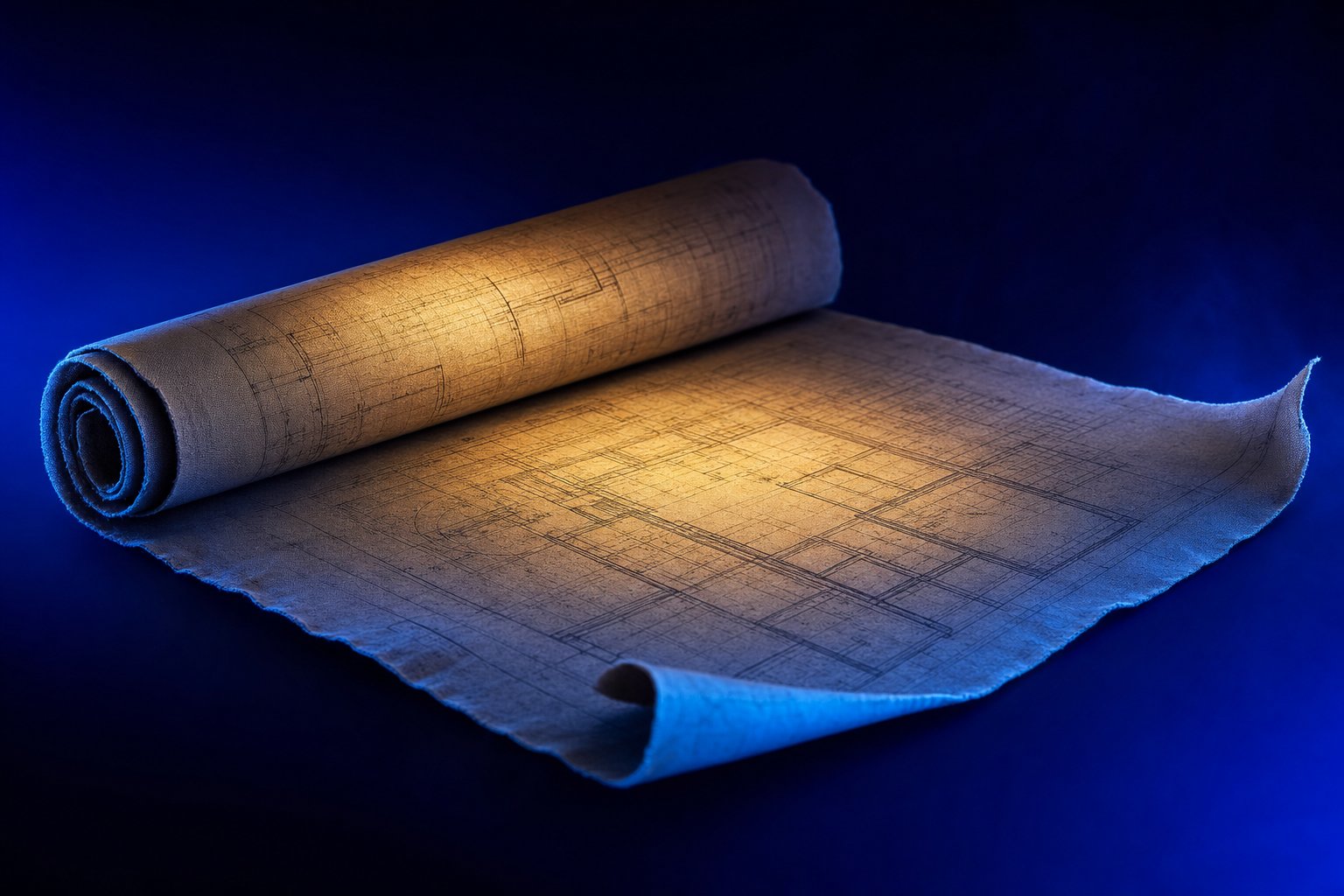 Partially unrolled linen blueprint scroll in amber light showing the architecture of the Elephant Slide framework