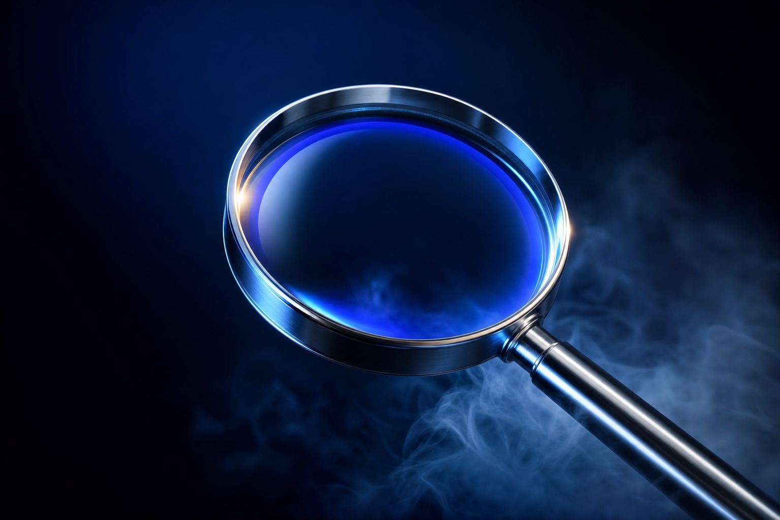 Chrome magnifying glass revealing what four sharp questions uncover about an agency