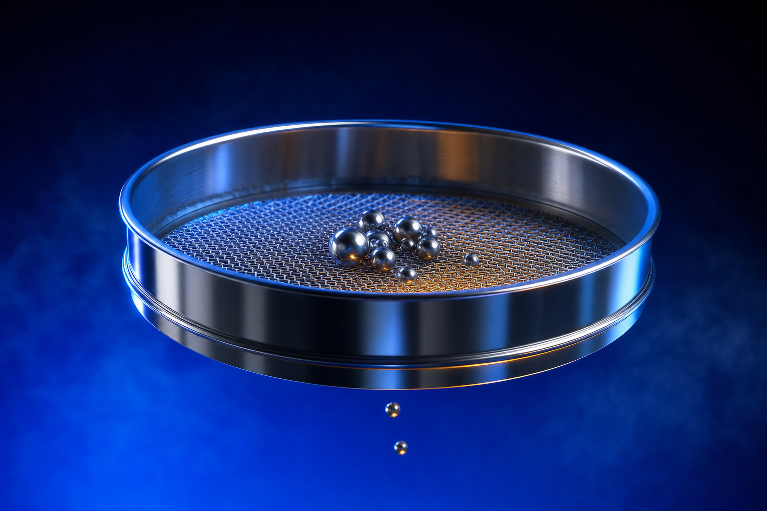 Stainless steel laboratory sieve with spheres above and below the mesh, representing a trial model that filters out bad hires