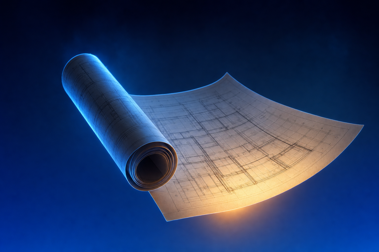 Partially unrolled blueprint scroll floating in deep blue haze, representing the precise hiring profile that predicts commercial success