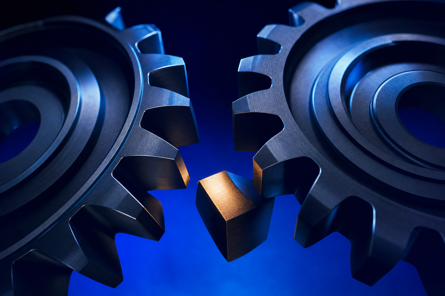 Two machined gears with a single misaligned tooth, symbolizing headcount as the wrong answer to a go-to-market problem
