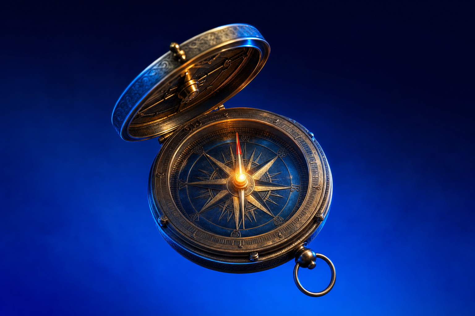 Open brass navigator's compass with amber-lit needle locked on north, representing what Axonics knew before scaling their sales team