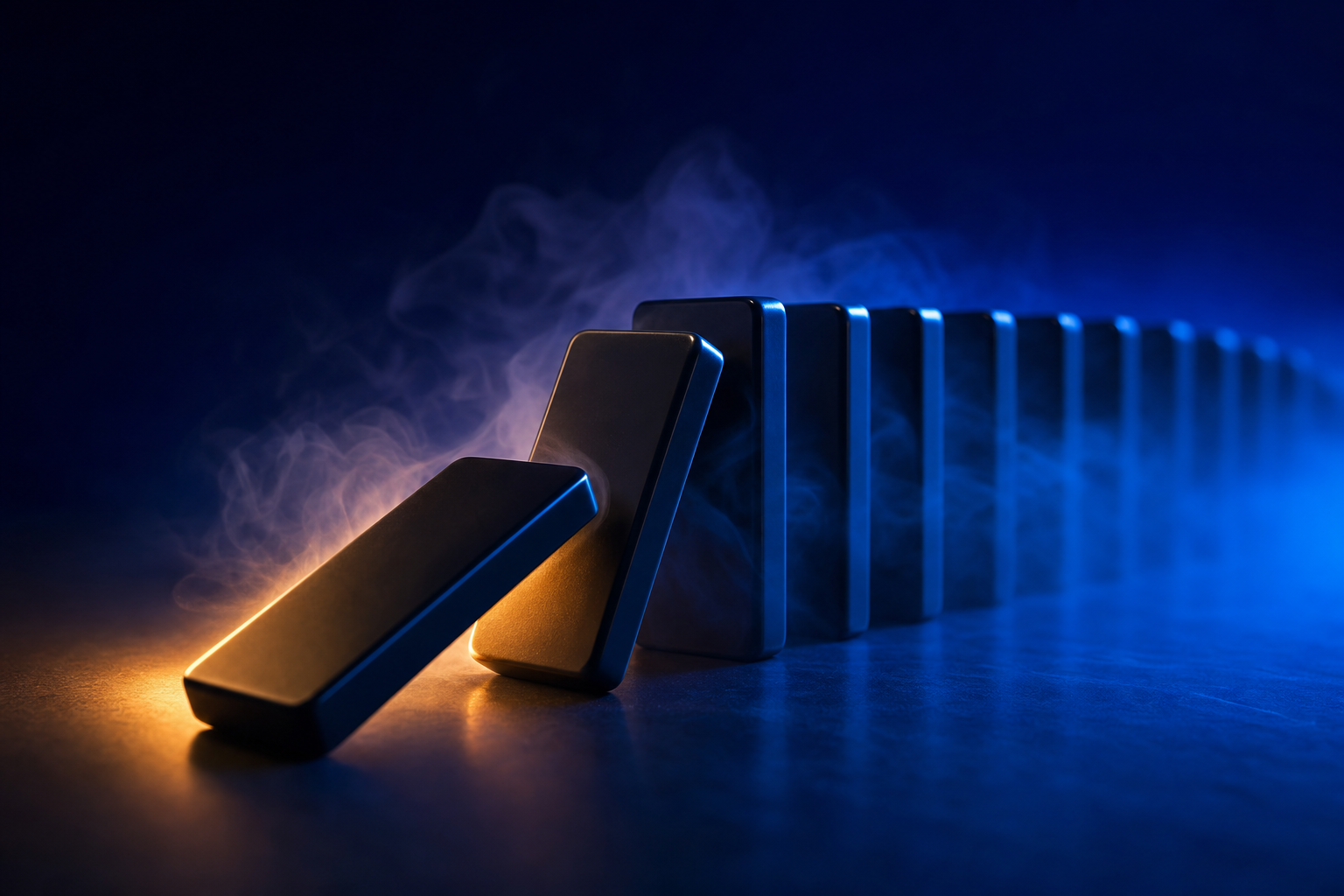 Line of smooth dominoes mid-fall illustrating the technology adoption curve cascade