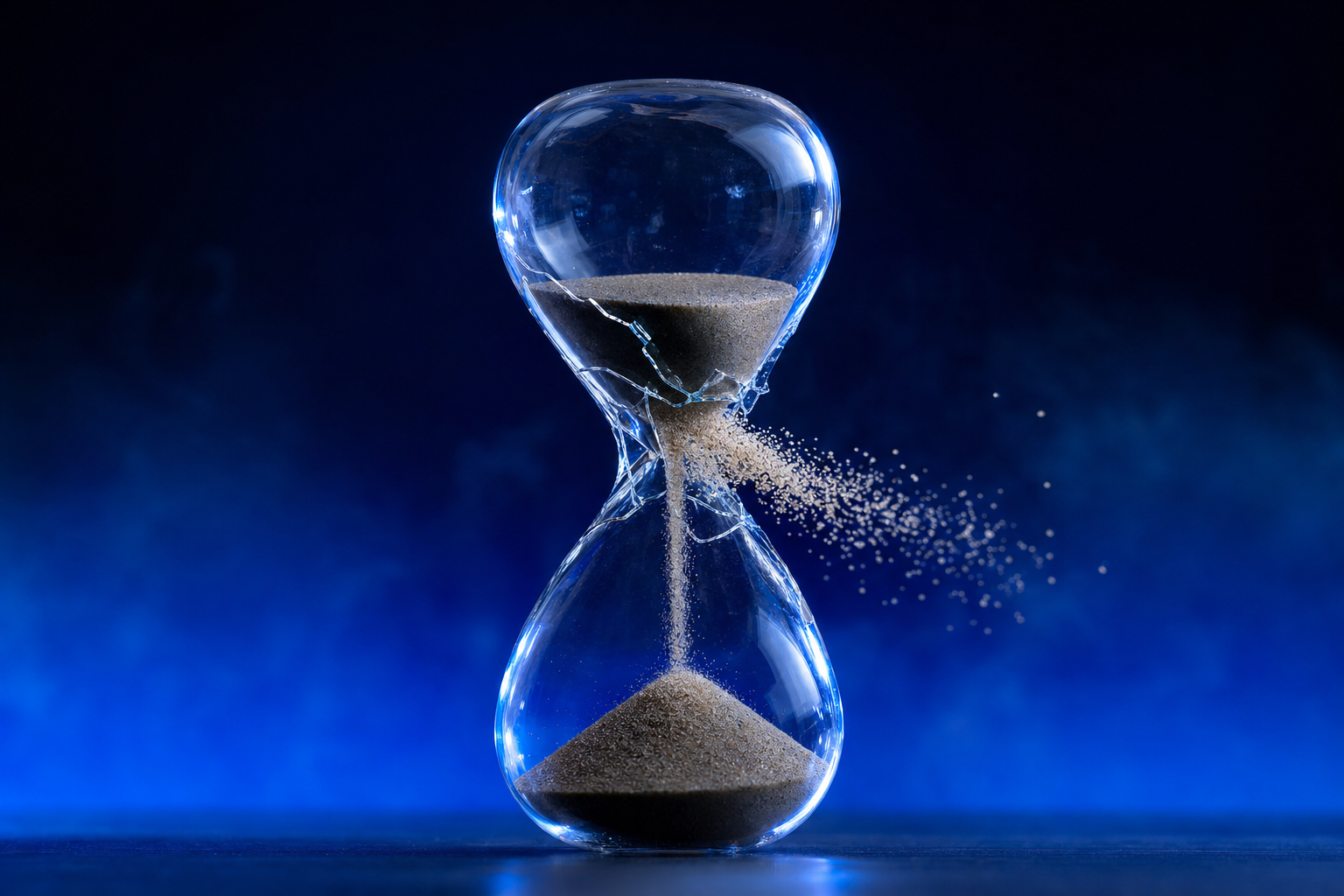 Cracked hourglass spilling sand sideways before reaching its lower chamber