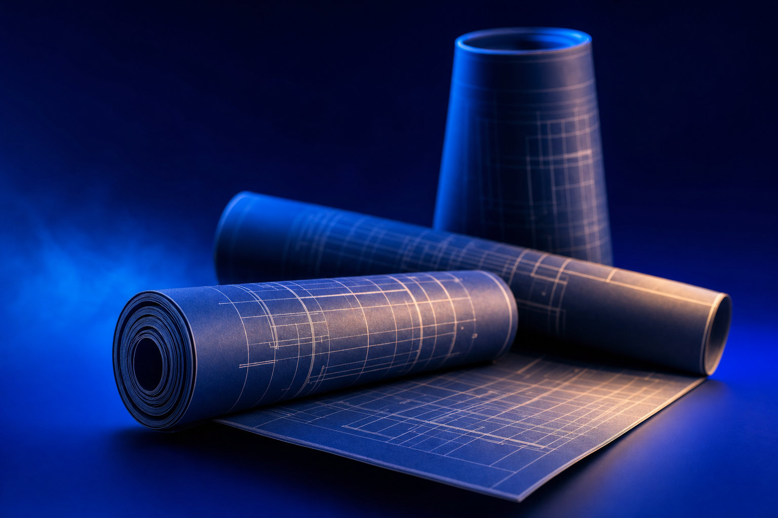Three partially unrolled blueprint rolls clustered together, representing buyer architecture mapping in medtech strategy