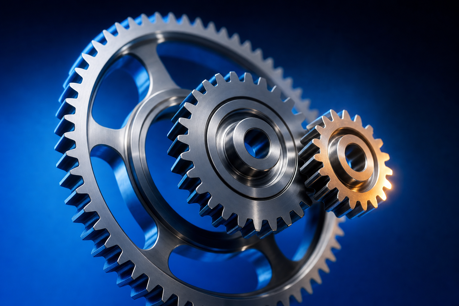 Three interlocking precision steel gears suspended mid-mesh, evoking the mechanical thinking behind market engineering