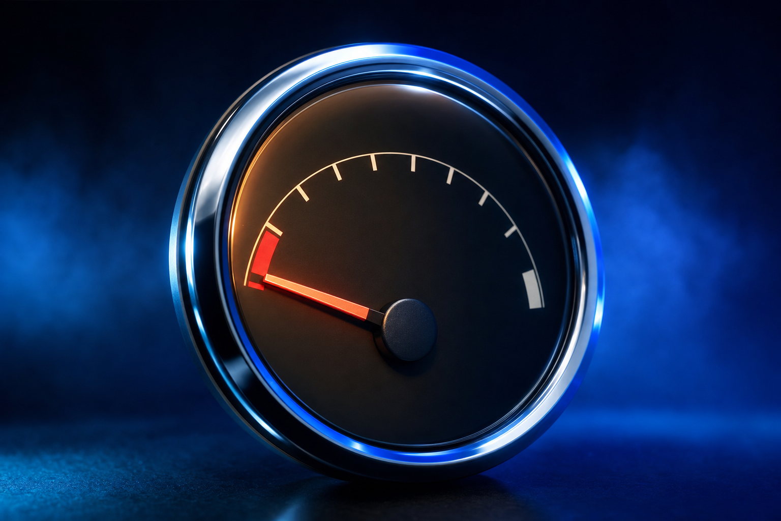 Chrome fuel gauge needle resting past empty after premature demand capture campaigns drain runway