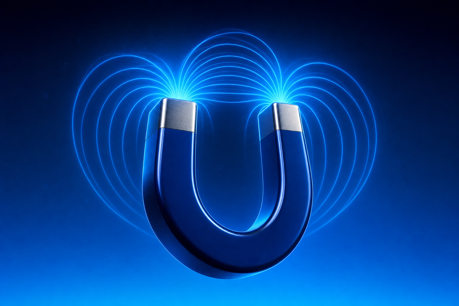 Horseshoe magnet with arcing field lines drawn inward representing pull-driven medtech traction strategy