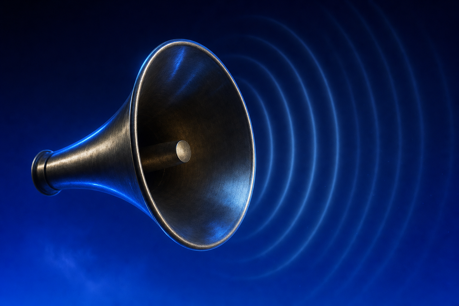 Brass megaphone projecting awareness signals into empty space with no clinical champion response