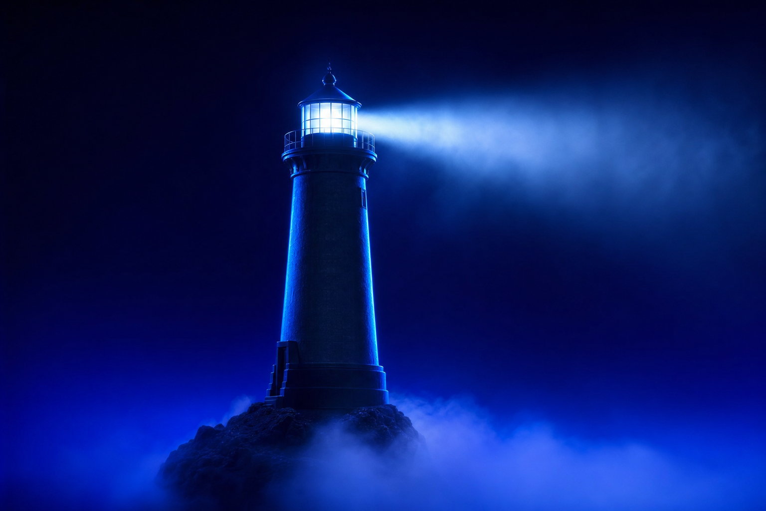 Solitary lighthouse beam cutting deep blue fog before any vessels arrive, signaling category creation