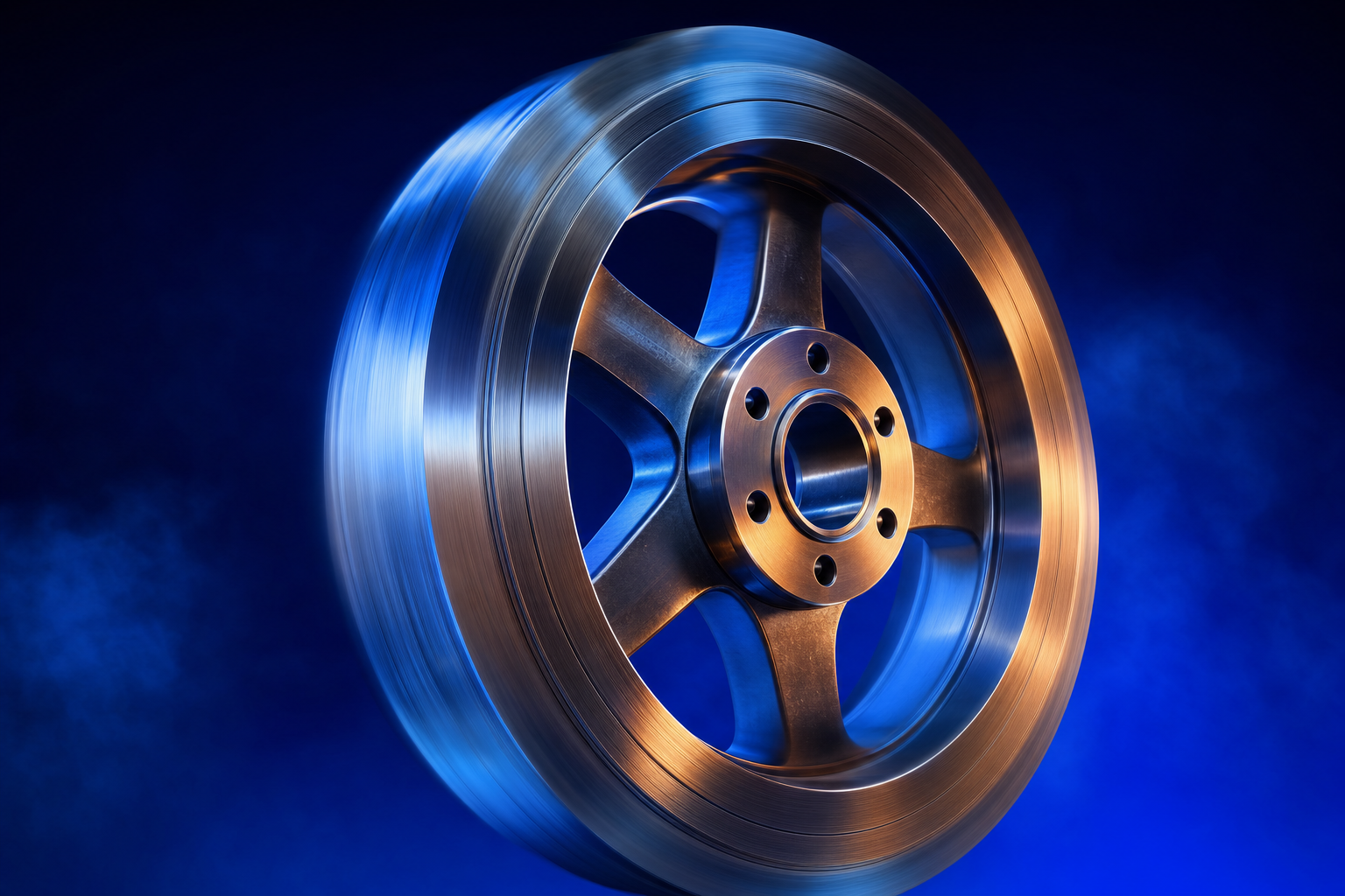 Massive chrome flywheel spinning in deep blue haze, embodying compounding content engine momentum
