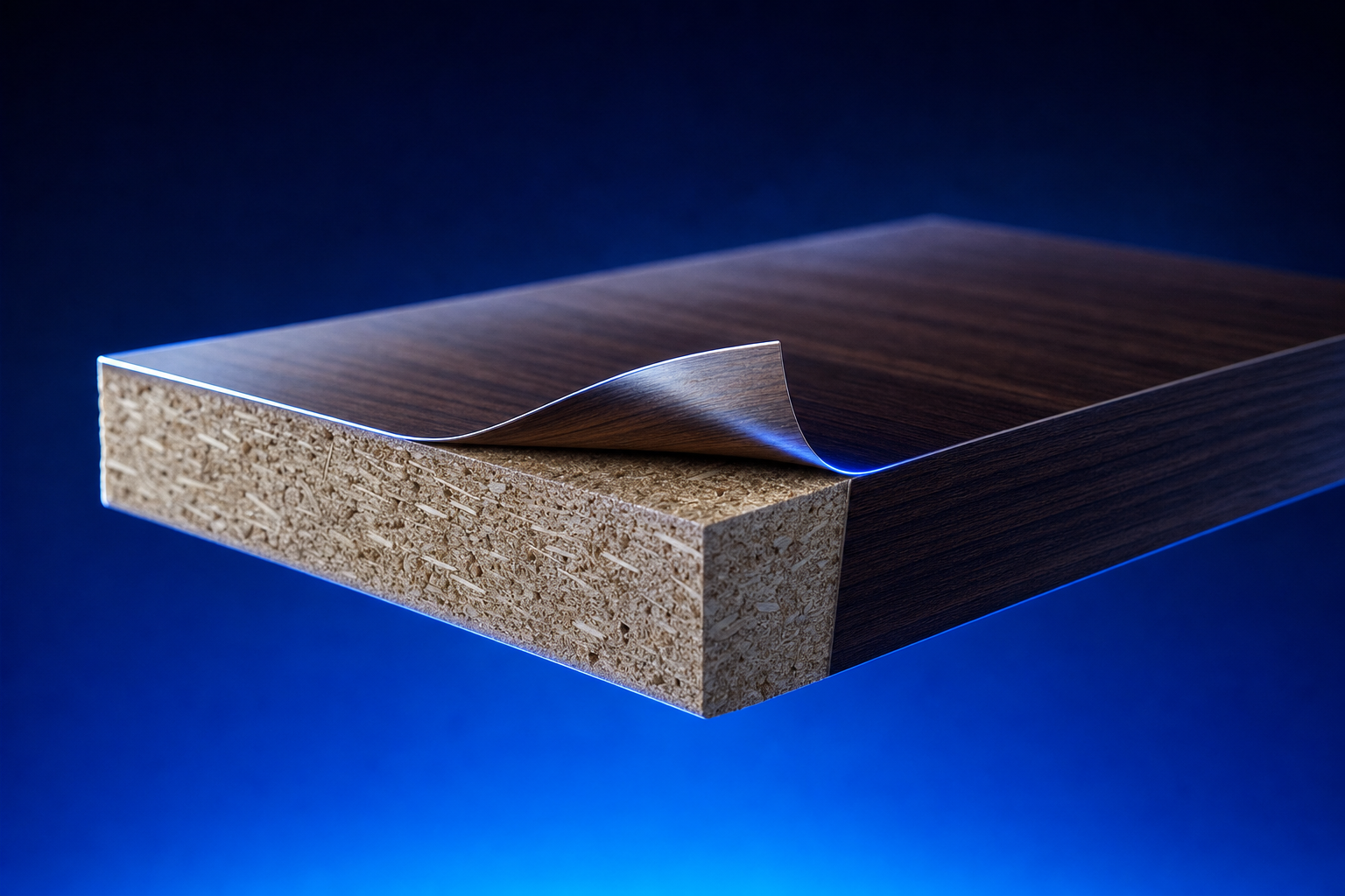 wooden block veneer curling back to reveal hollow particleboard beneath