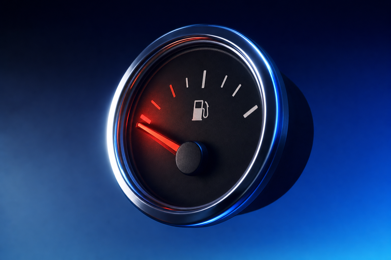 analog fuel gauge needle pinned in red empty zone against dark blue