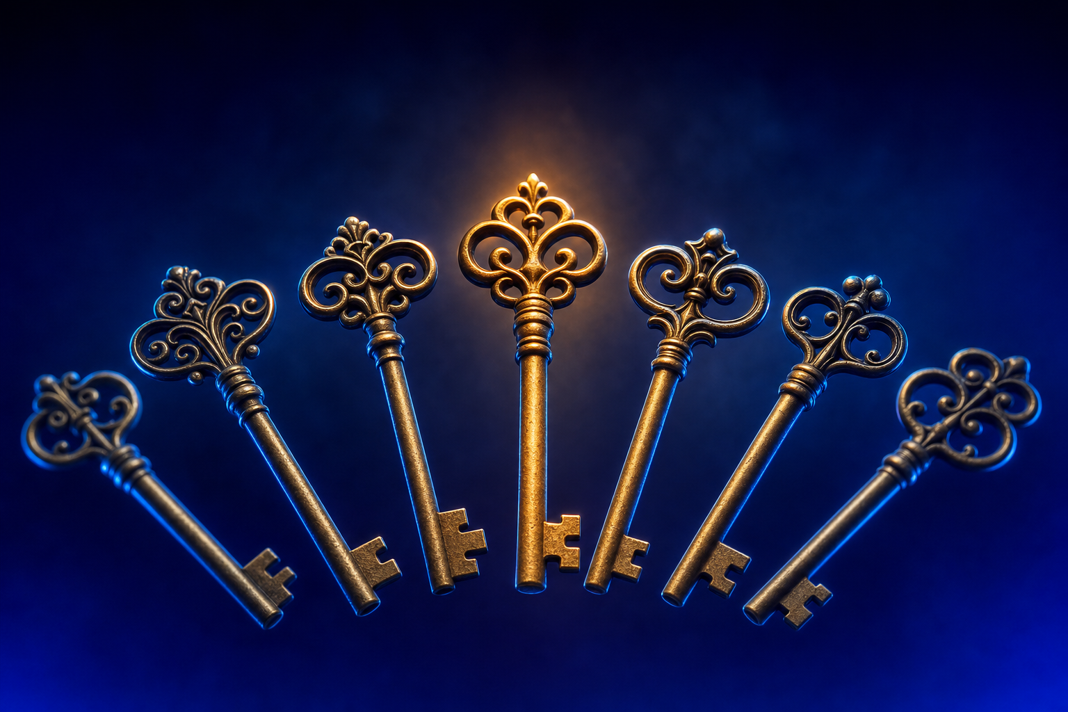 six ornate skeleton keys fanned in precise arc on dark ground
