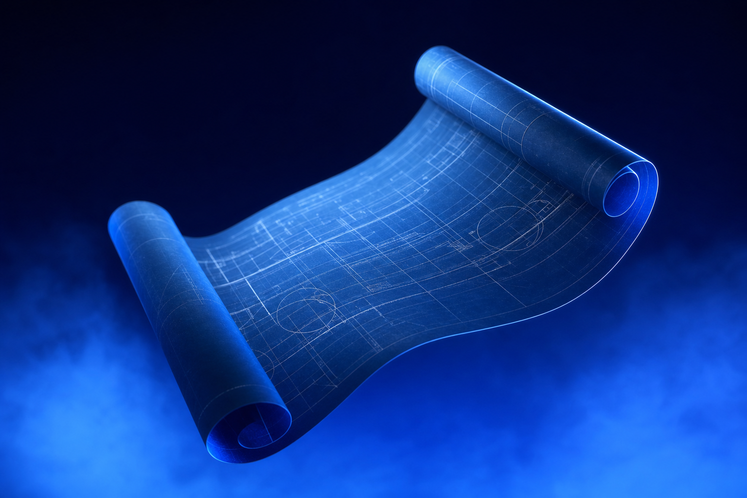 architect blueprint scroll partially unrolled showing fine geometric grid lines