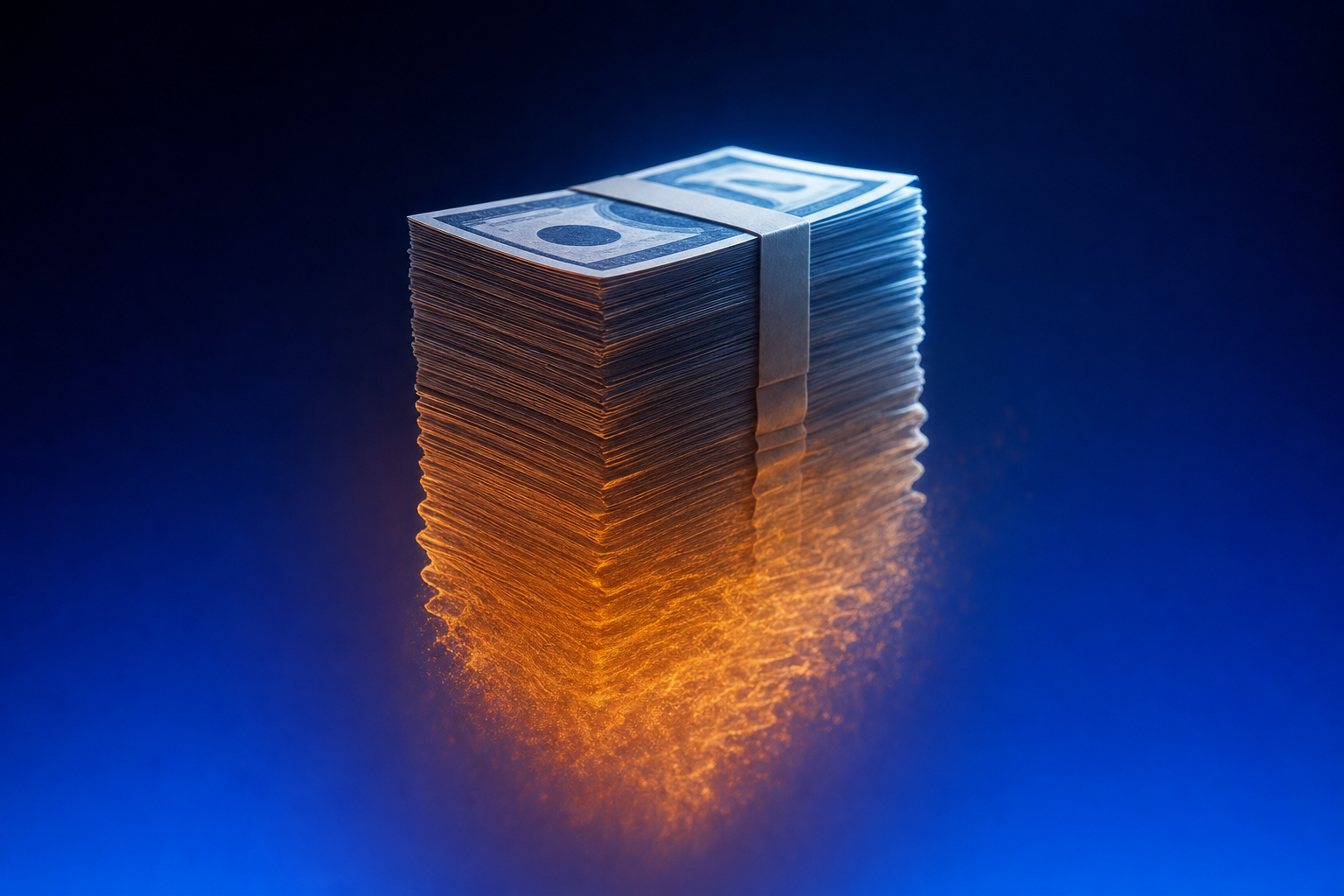 Stack of currency bills dissolving at the base with amber heat haze rising upward
