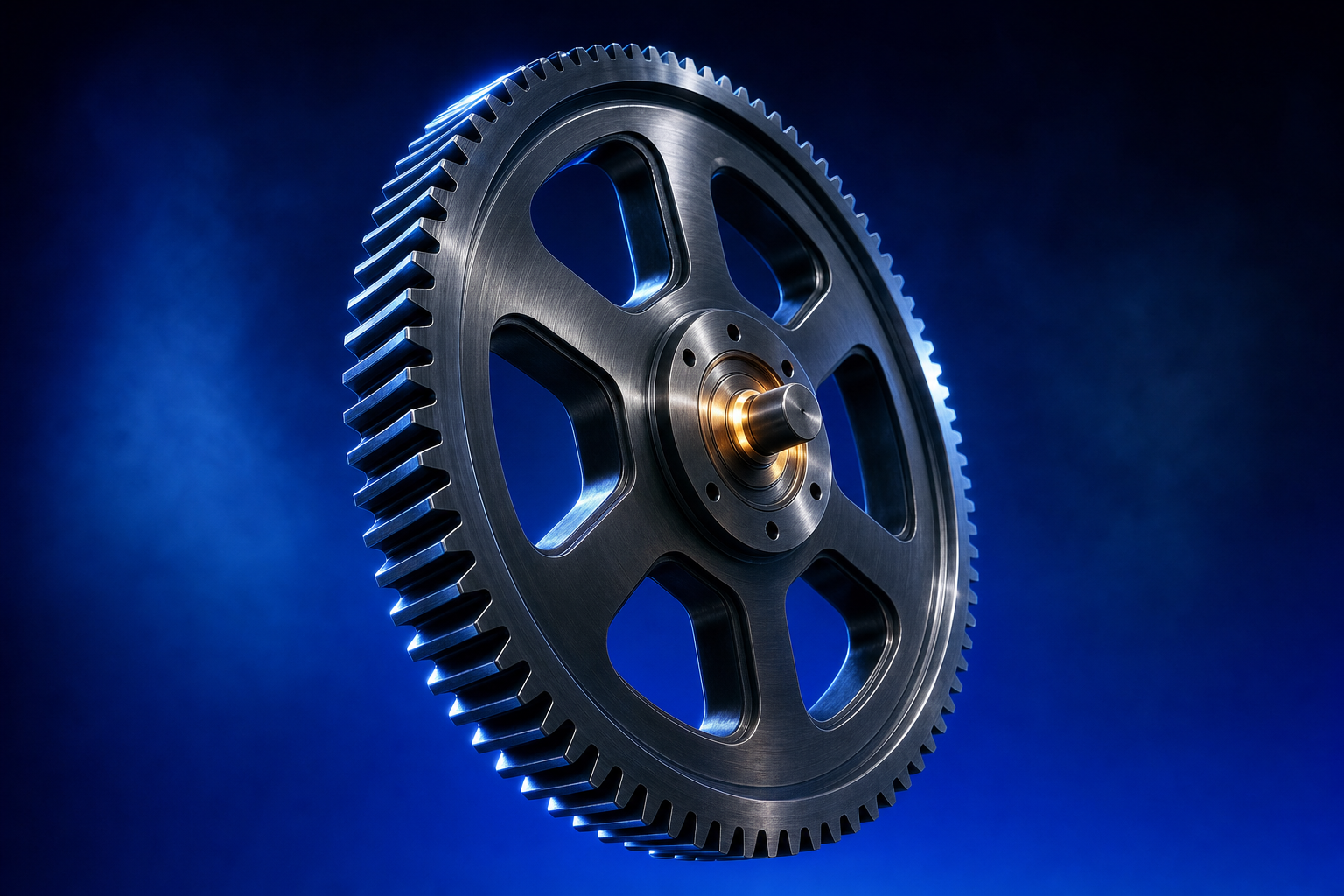 Massive polished flywheel gear symbolizing post-traction momentum in life sciences marketing strategy